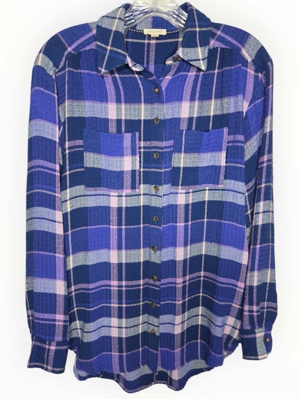 Pilcro Navy and Purple Plaid Button-Down Shirt